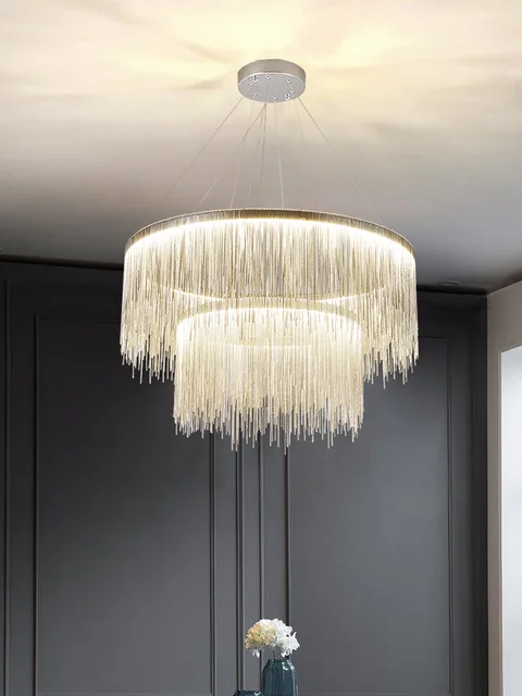Hermosa lámpara colgante Art Deco, cadena de aluminio para salón, dormitorio, restaurante, lámpara colgante de Metal plateado 6