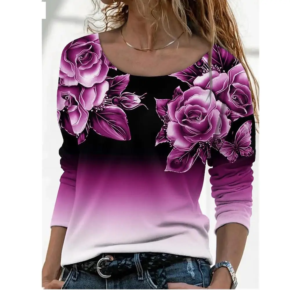 2022 New Spring Autumn Women's Fashion Loose Casual Floral Print Long Sleeve Floral Print Round Neck Autumn Tshirt Tops Blouses tees