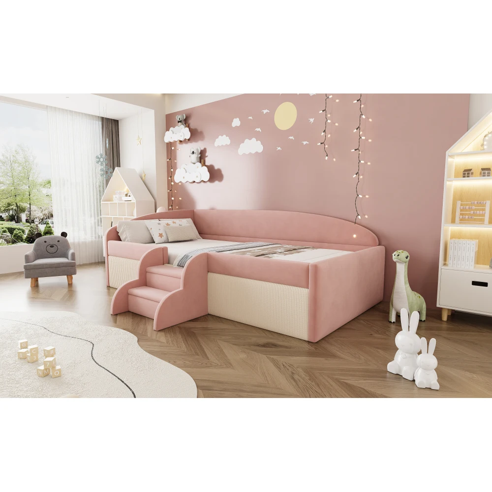 90 * 190 cm schönes gepolstertes Schlafsofa, mit Treppen und Zäunen, hautfreundlicher Samtstoff, für Kinderzimmer (ohne Matratze) – Detail 18