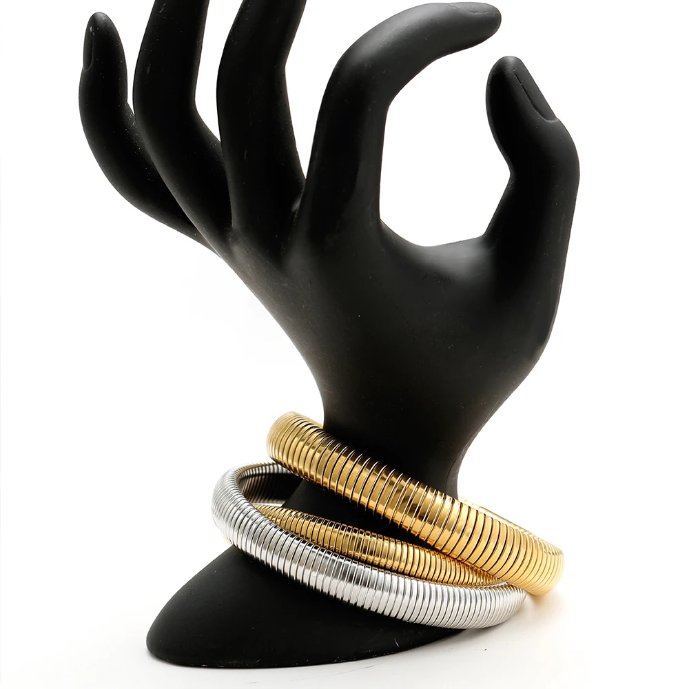 1pc 18k Gold Plated Stainless Steel Elasticity Polish Thick Bracelet Trendy Hip-Hop Metal Bangle Unisex Jewelry Gifts 60mm 6