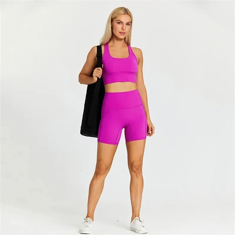 Lemon Women Sport Suit High Waist Short And Fitness Bra 2pcs With Pocket Short Legging Yoga Set Ride Gym Workout Training