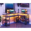 L-Shaped Gaming Desk with Power Outlet, LED Lights, Storage Shelves & Monitor Stand. Gaming Table with Carbon Fiber Texture 1