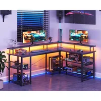 L-Shaped Gaming Desk with Power Outlet, LED Lights, Storage Shelves & Monitor Stand. Gaming Table with Carbon Fiber Texture 1