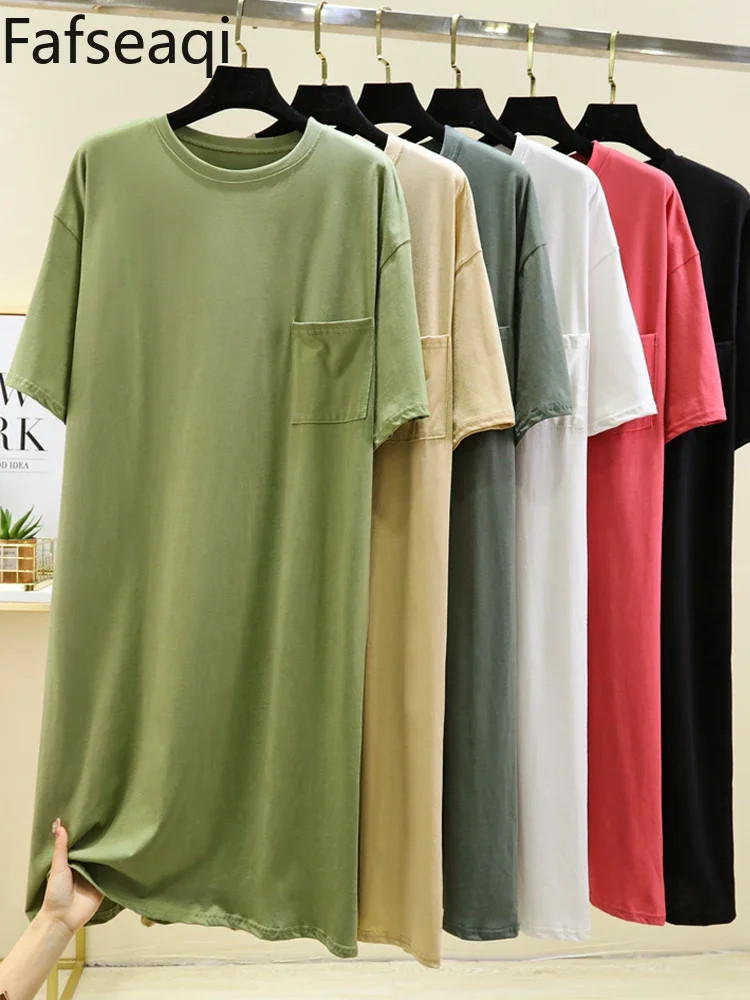 

Super Soft Cotton Pajamas Dress for Women 2024 Summer O-neck T-shirt Pullover Dress with Pocket Basic Home Wear Women's Dresses