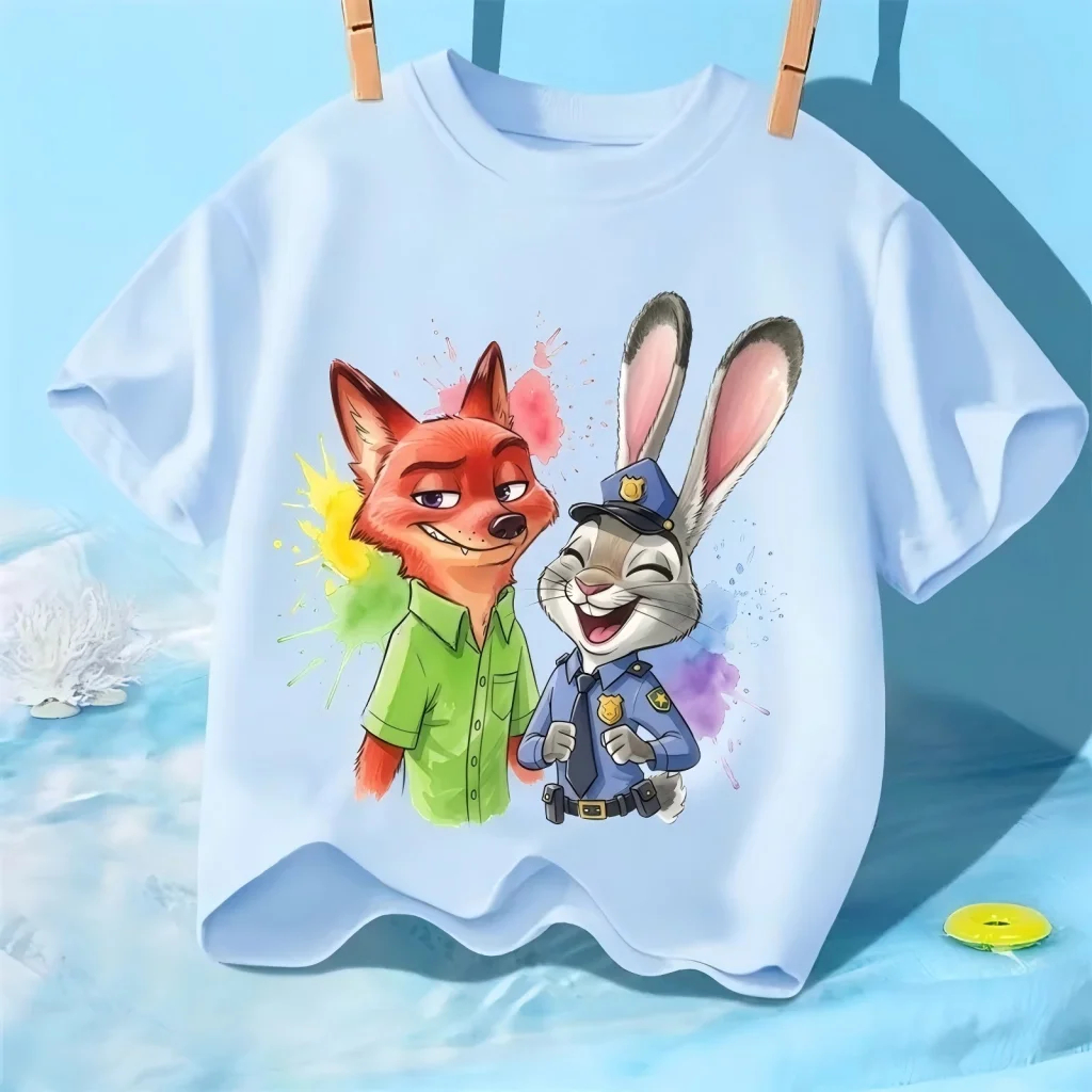 Zootopia 닉과 주디 여름 프린트가 있는 어린이용 반팔 티셔츠, 야외 스포츠용 루즈핏 티셔츠