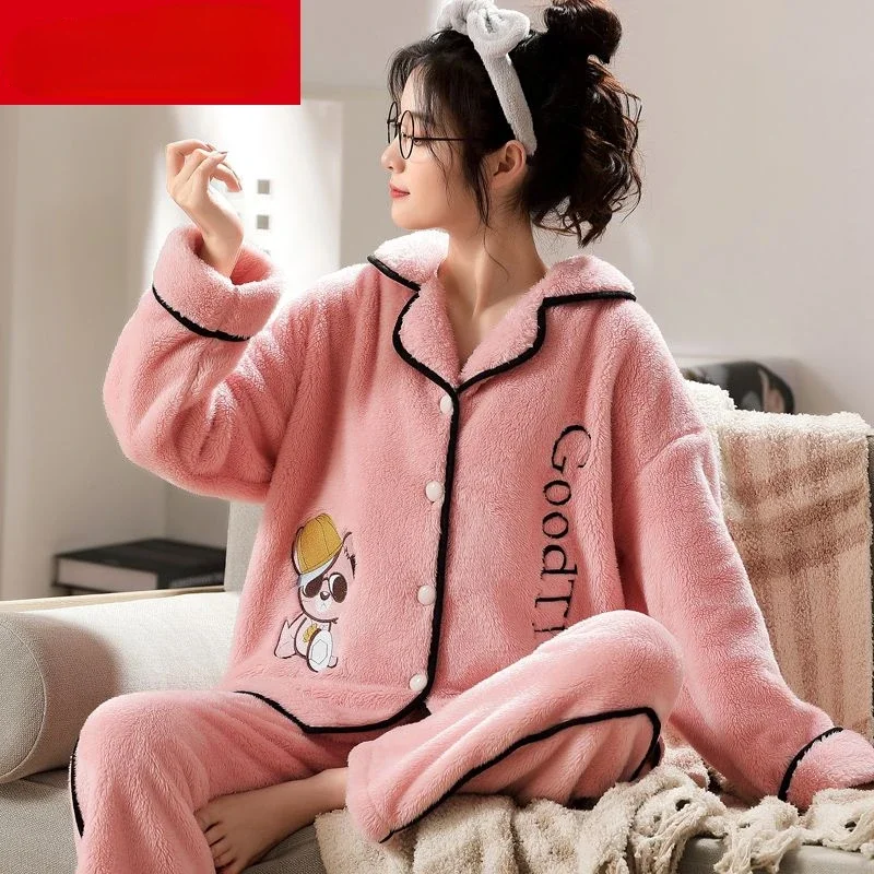 New Sleepwear Women Autumn Winter Sleepwear Warm Thicken Pajamas Set Flannel Long Sleeve Nightwear Trouser Coral Fleece Homewear