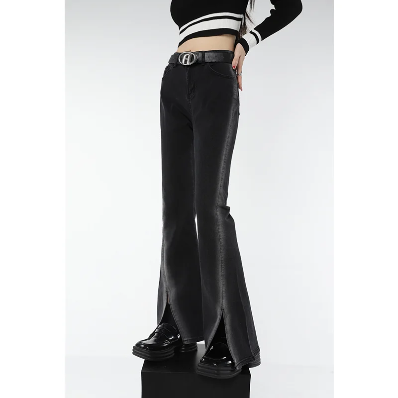 

Vintage Black High Waisted Women Jeans American Fashion Baggy Streetwear Classic Denim Trouser Straight Slit Flare Denim Pants