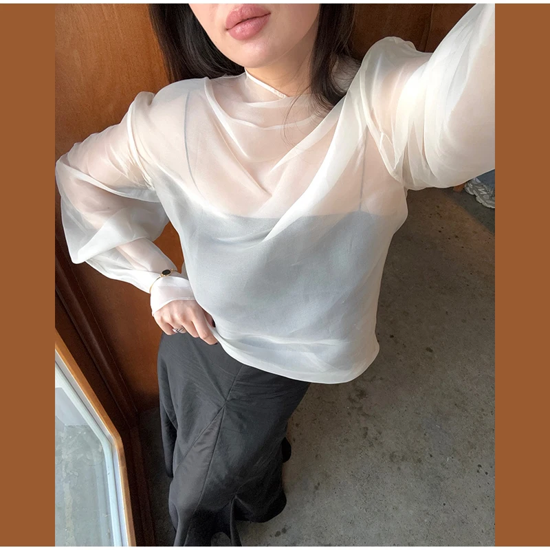Damen Transparente Organza-Bluse mit Hohem Kragen und Langen Puffärmeln, Locker Sitzende Oberteile Frühjahr 2026, Lässige Damenmode für Büro und Streetwear – Detail 10