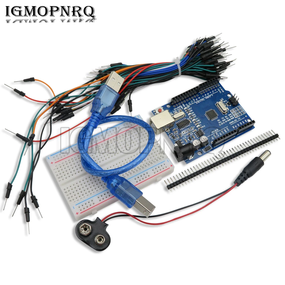 1 Pz Starter Kit Per Arduino Uno R3 - Bundle Di 5 Articoli: Uno R3 Breadboard Jumper Wires Cavo Usb E Connettore Batteria 9V