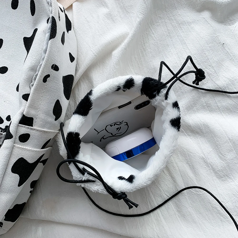 Women Milk Cow Print Plush Small Crossbody Bag Cow Shoulder Bag Phone Purse Versatile Bags for Female Sling Bag