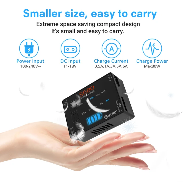 HTRC S680 80W 6A Lipo Charger For 1-6s Lipo/LiFe/LiHv/Lilon/1-15s Nimh Battery AC to DC Mini RC Charger With 15V6A Adapter 1