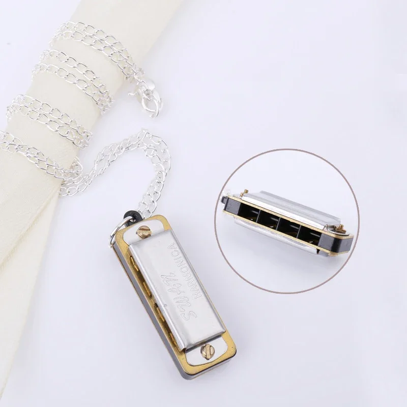 4 Holes 8 Tones Mini Harmonica chromatic harmonica diatonic harmonica kids harmonica Metal Chain Necklace Style Mouth Organ Woodwind Musical Instrument Gifts for Kids