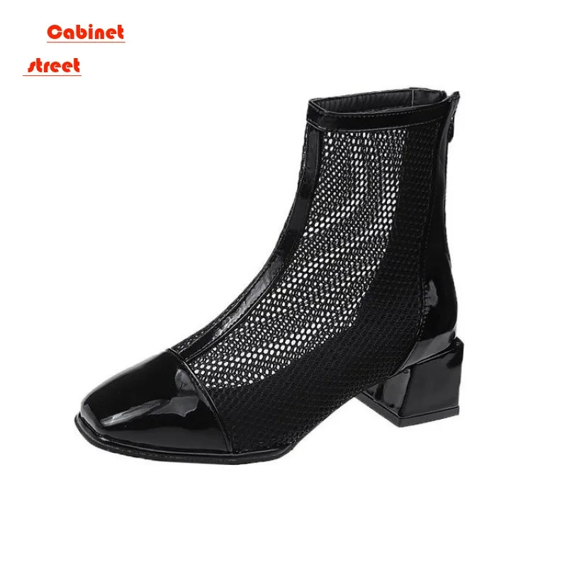 

Spring and Summer New Foreign Trade Short Net Boots Cool Boots Single Boots Square Head High Heels Female Boots Summer Boots