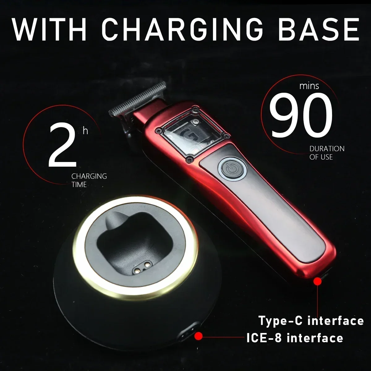 9500RPM 전문 헤어 클리퍼 벡터 모터 DLC 블레이드, 베이스 충전기 포함, LCD 디스플레이, 남성용 이발 기계 마무리 기계