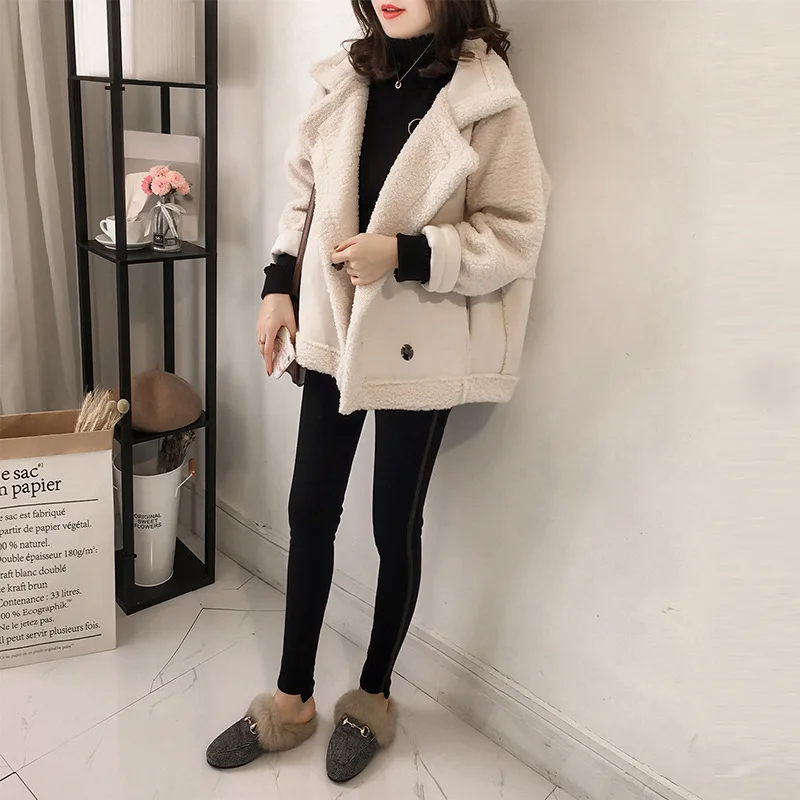 Lamb wool solid color jacket for women 2023 new Korean version loose BF style fur integrated plush motorcycle jacket top trend