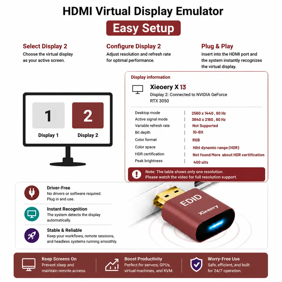 2K Headless HDMI Dummy Plug with HDR, 2560×1440 EDID Emulator,60–144Hz Virtual Display Adapter for Headless PCs & Remote Desktop image 2