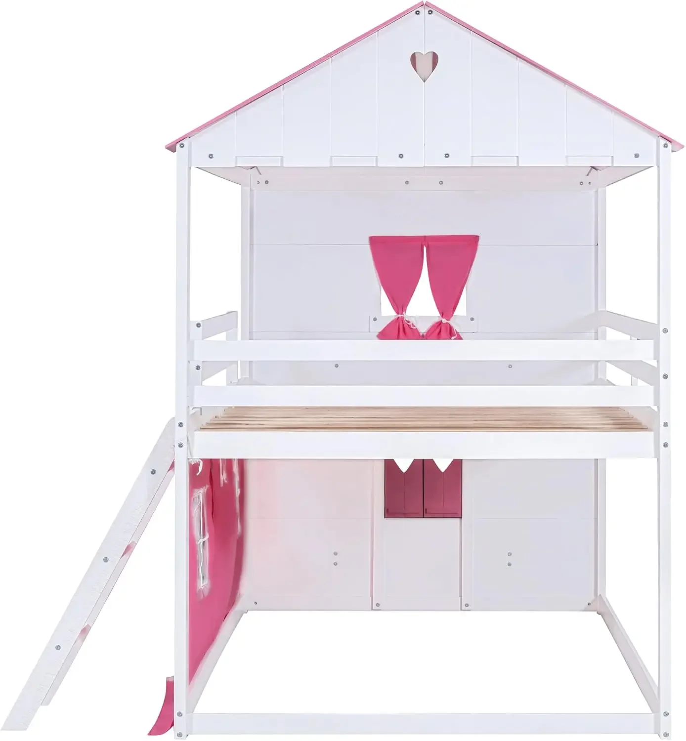 Twin Over Twin Bunk Wood House Bed with Elegant Windows, Sills and Tent, Pink+White 2025 Christmas gifts 4