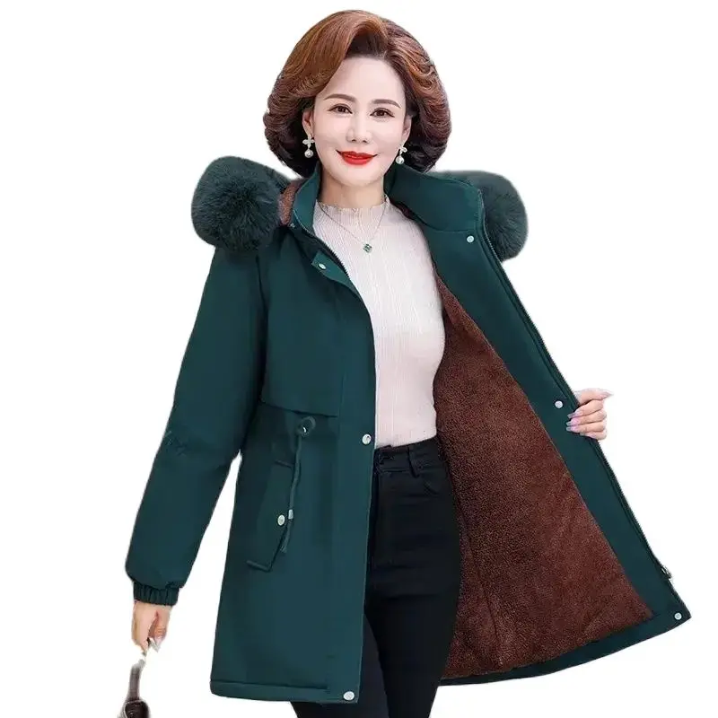 

Middle aged mother Parka Women Detachable Hooded Cotton Jacket Autumn Winter New Plush Thick Coat Medium length Casual Overcoat