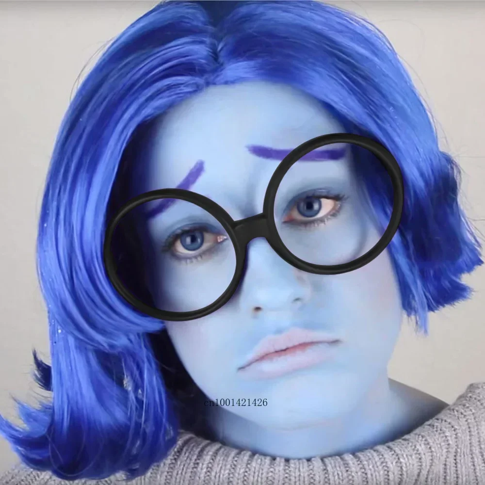 Disfraz Tristeza Corto Azul Con Peluca Negra Bob Y Gafas - Para Halloween, Cosplay, Fiestas Temáticas (Mujer)