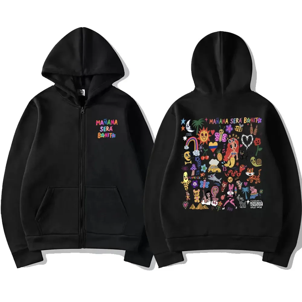 Singer Karol G Heart Mañana Sera Bonito Print Zipper Hoodie Men Women Hip Hop Loose Zip Up Jacket Funny Cartoon Music Sweatshirt