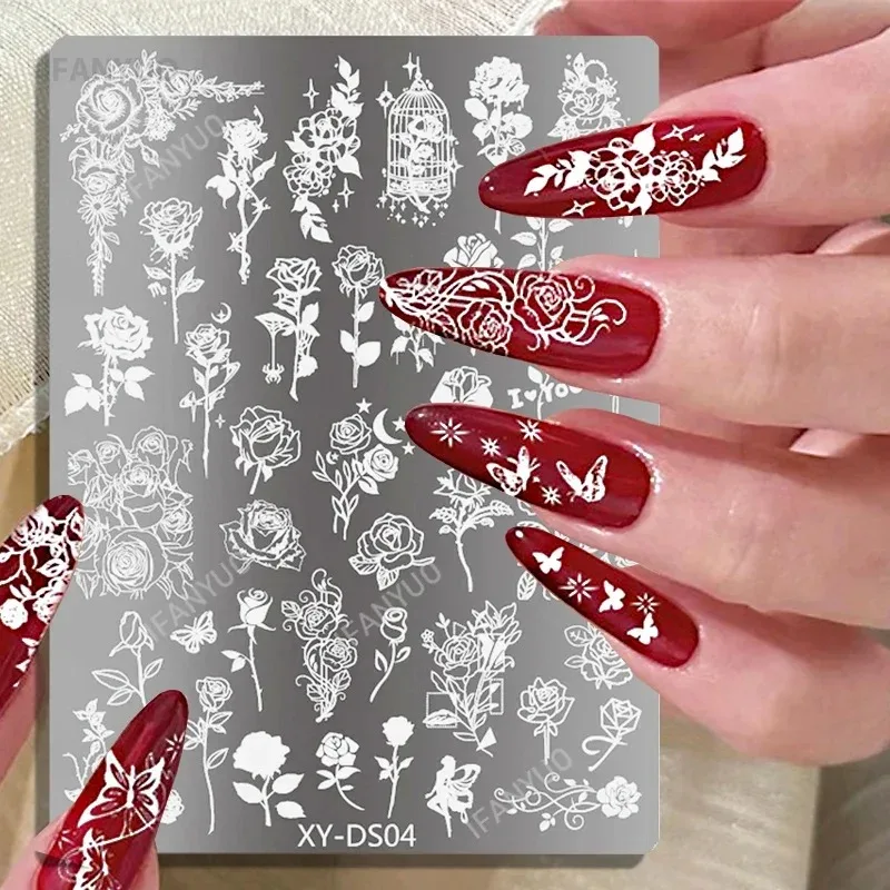레이스 캐슬 네일 스탬핑 플레이트 고스트 해골 달 별 나비 기하학적 꽃무늬 식물 프린팅 스텐실 매니큐어 템플릿 도구