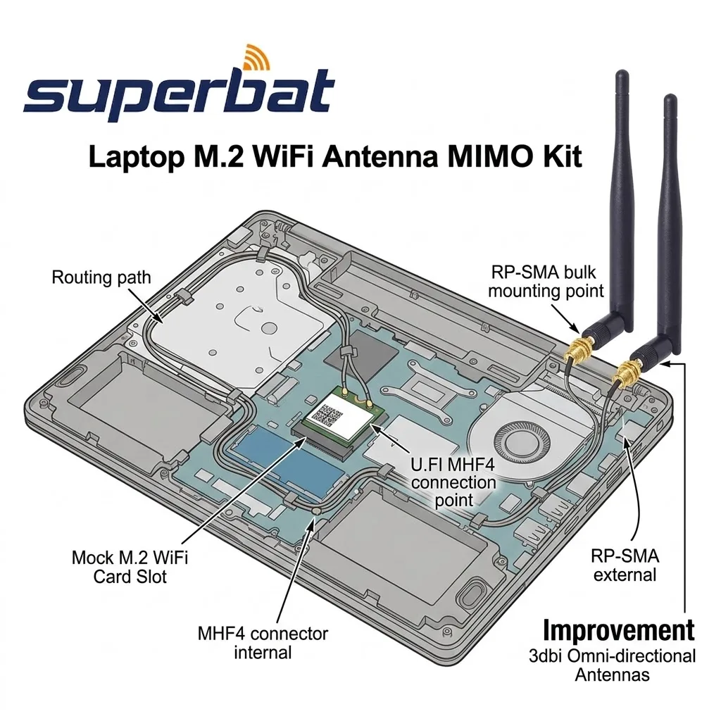 Superbat 2pcs M.2 3dbi 2.4GHz 5GHz 5.8GHz MIMO WiFi 안테나 RP-SMA Male + Ipex4 - 무선 네트워크 카드용 RP-SMA 케이블