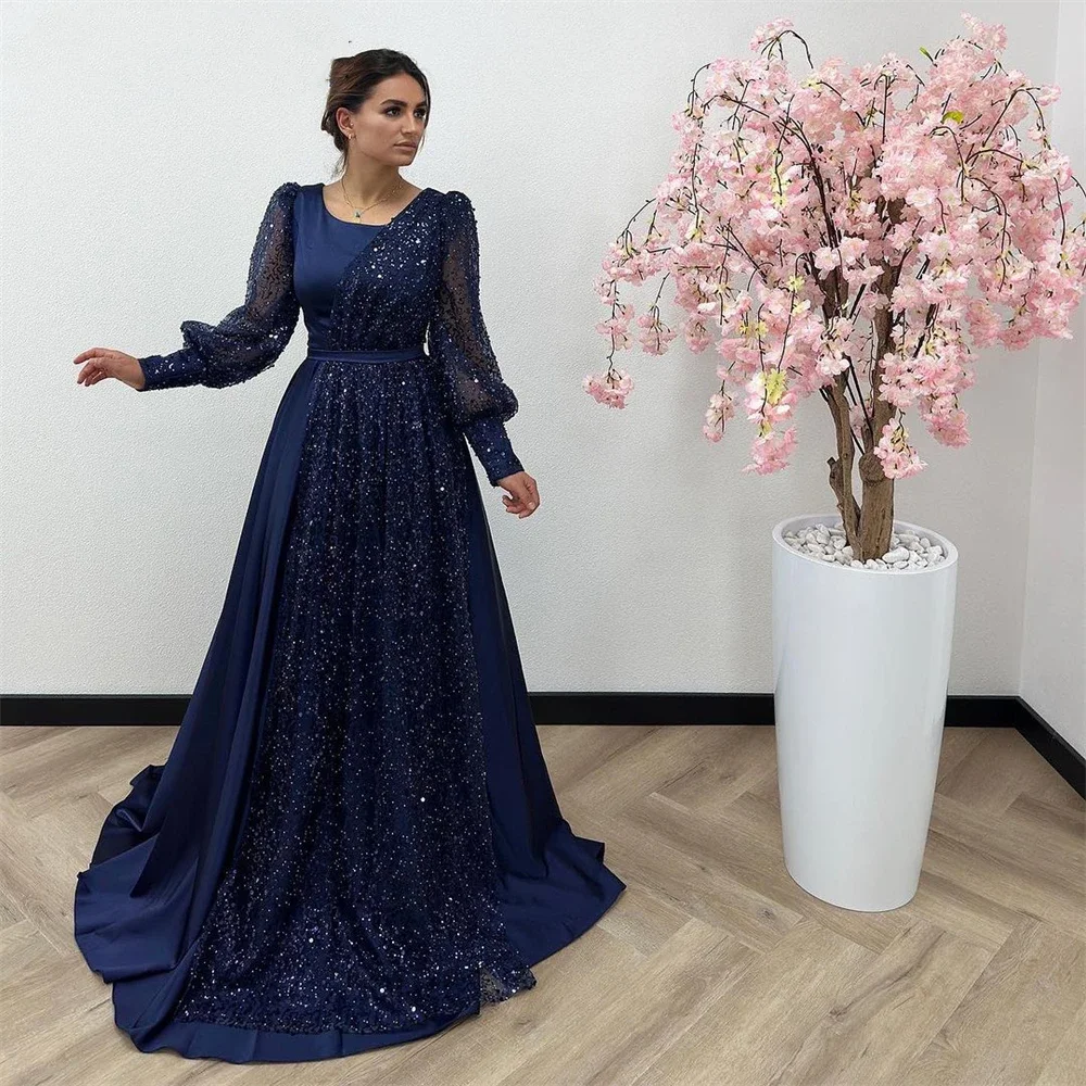 

Glitter Navy Blue Formal Evening Dresses A Line Scoop Neck Sequins Lantern Sleeve Sparkly Pageant Prom Party Gowns فساتين السهرة