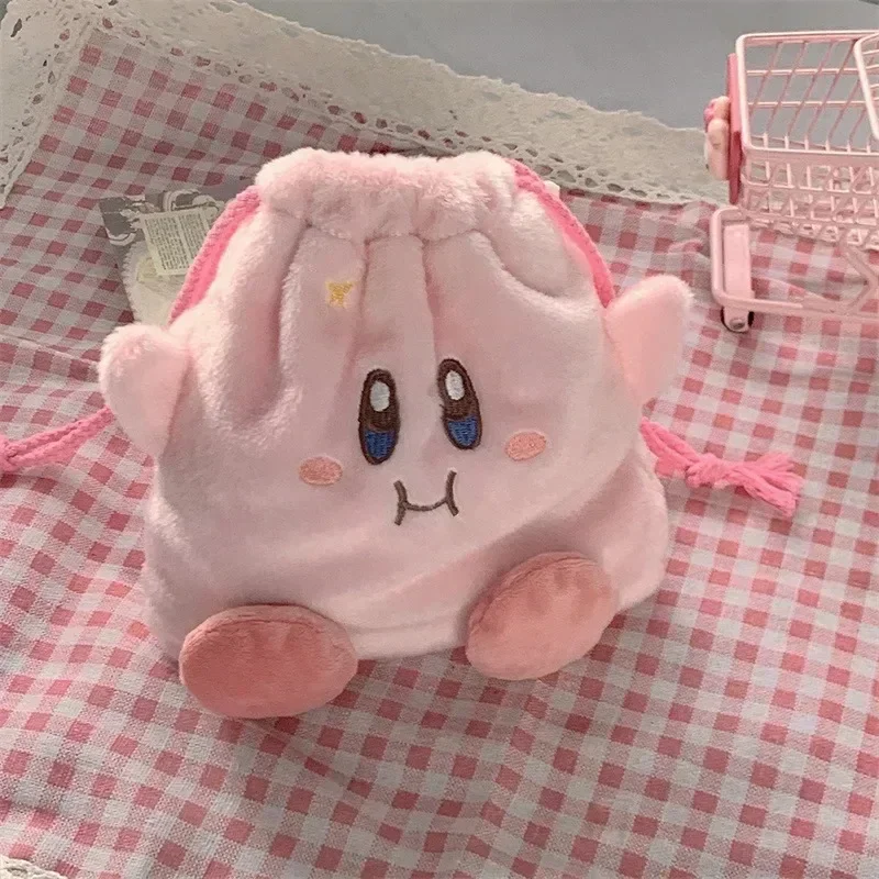 Kawaii Anime Cartoon Star Kirby Plush Cosmetic Bag Cute Pink Plush Portable Storage Bag Coin Purse Drawstring Bag Holiday Gifts