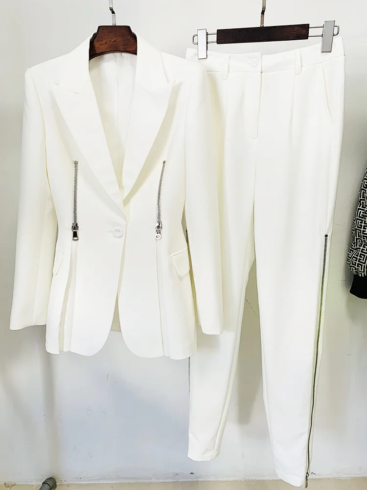 

Lastest 2023 Autumn Winter Runway Luxury Brand Designer Fashion Jacket Sets Women Zippers Split Blazer Pants Suit 2 Piece Outfit