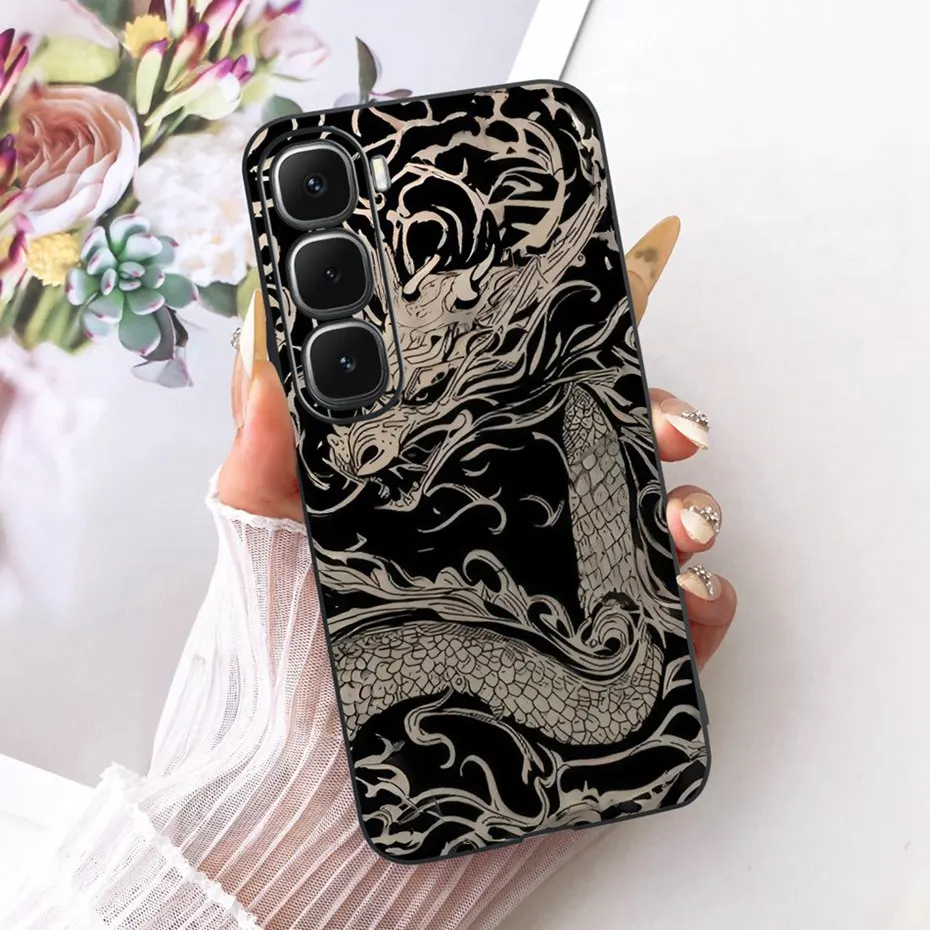 Enhanced Black Silicone Soft Phone Case with Cool Dragon, Wolf, and Tiger Design