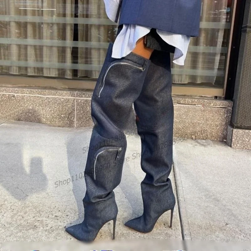 

Solid Plus Size Metal Zipper Decor Boots Stilettos High Heel Women Shoes Slip-On Pointed Toe 2023 Fashion Zapatos Para Mujere