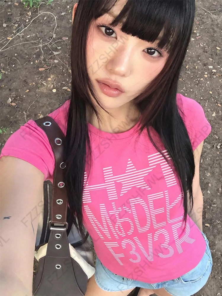 รูปสินค้า เสื้อครอปแขนสั้น Y2K แฟชั่นผู้หญิง ลายพิมพ์เท่ สไตล์ฮิปฮอป กรันจ์