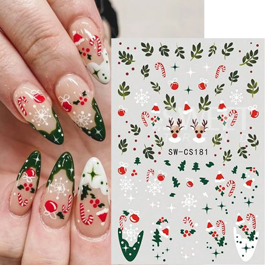 2pcs Christmas Nail Stickers Cute Gingerbread man Elk Xmas Tree Leaves Holly DIY Winter Gift Decals Sliders Manicure Decoration