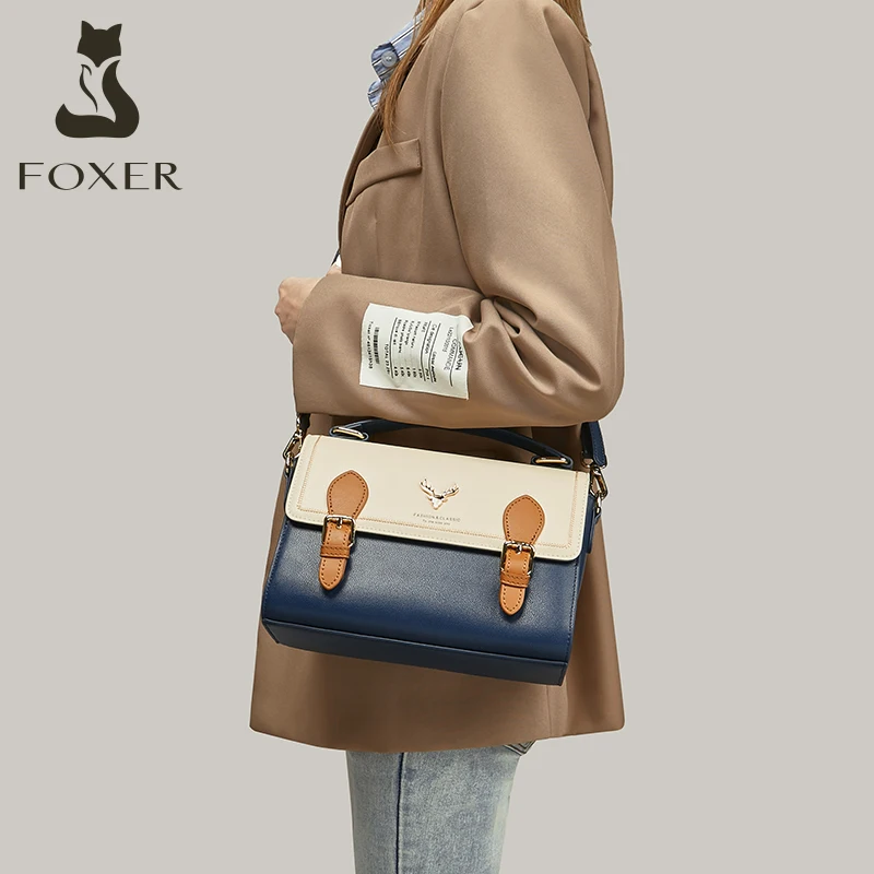 FOXER Brand Women Satchels Split Leather Messenger Bag Ladies Designer Handbag Fashion Dating Flap Shoulder Crossbody Bag Female