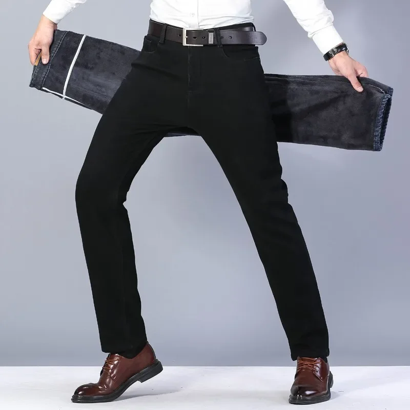 2025 Winter Thick Slim Denim Pants Brand Trousers Black Plus Size 40 New Men's Warm Jeans Business Casual Elasticity 6