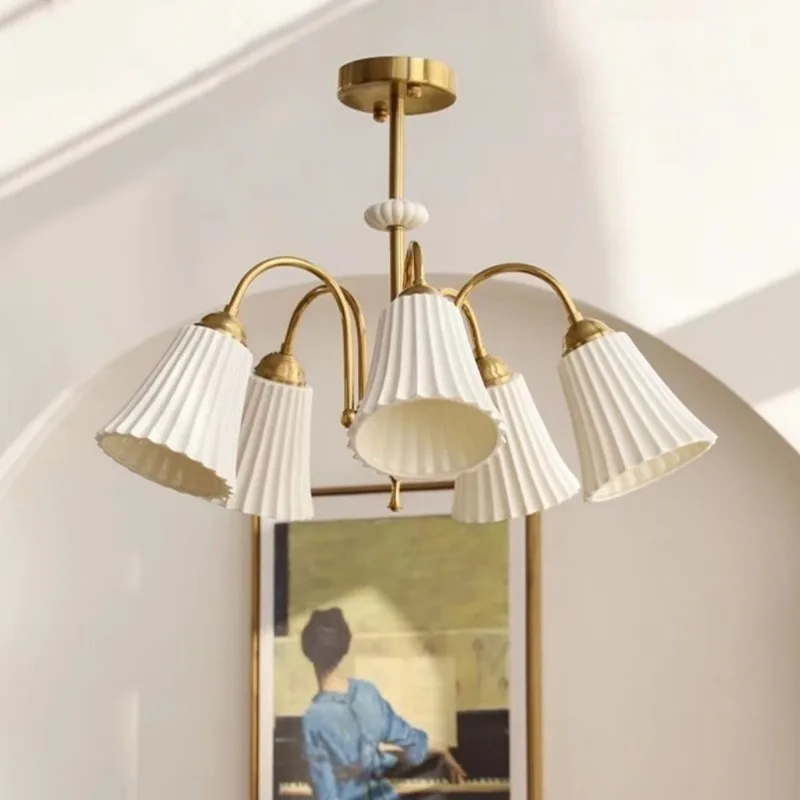 

French retro white ceramic chandelier, American all copper master bedroom, dining room, living room design, glass cream style li