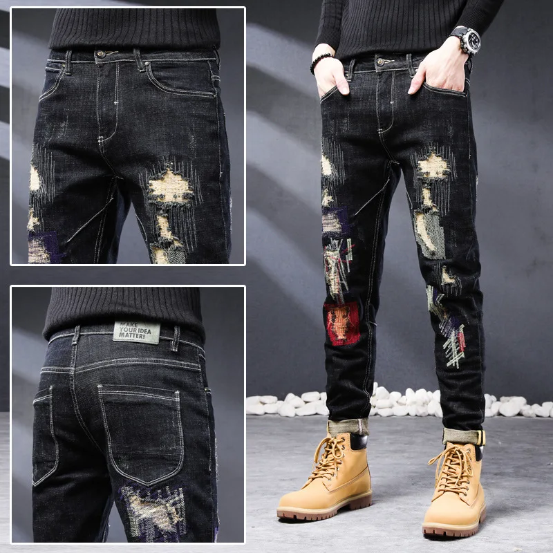 2023 New Fashion Biker Jeans Men's Distressed Stretch Ripped  Hip Hop Slim Fit Holes Punk Denim Cotton High Qual Pants