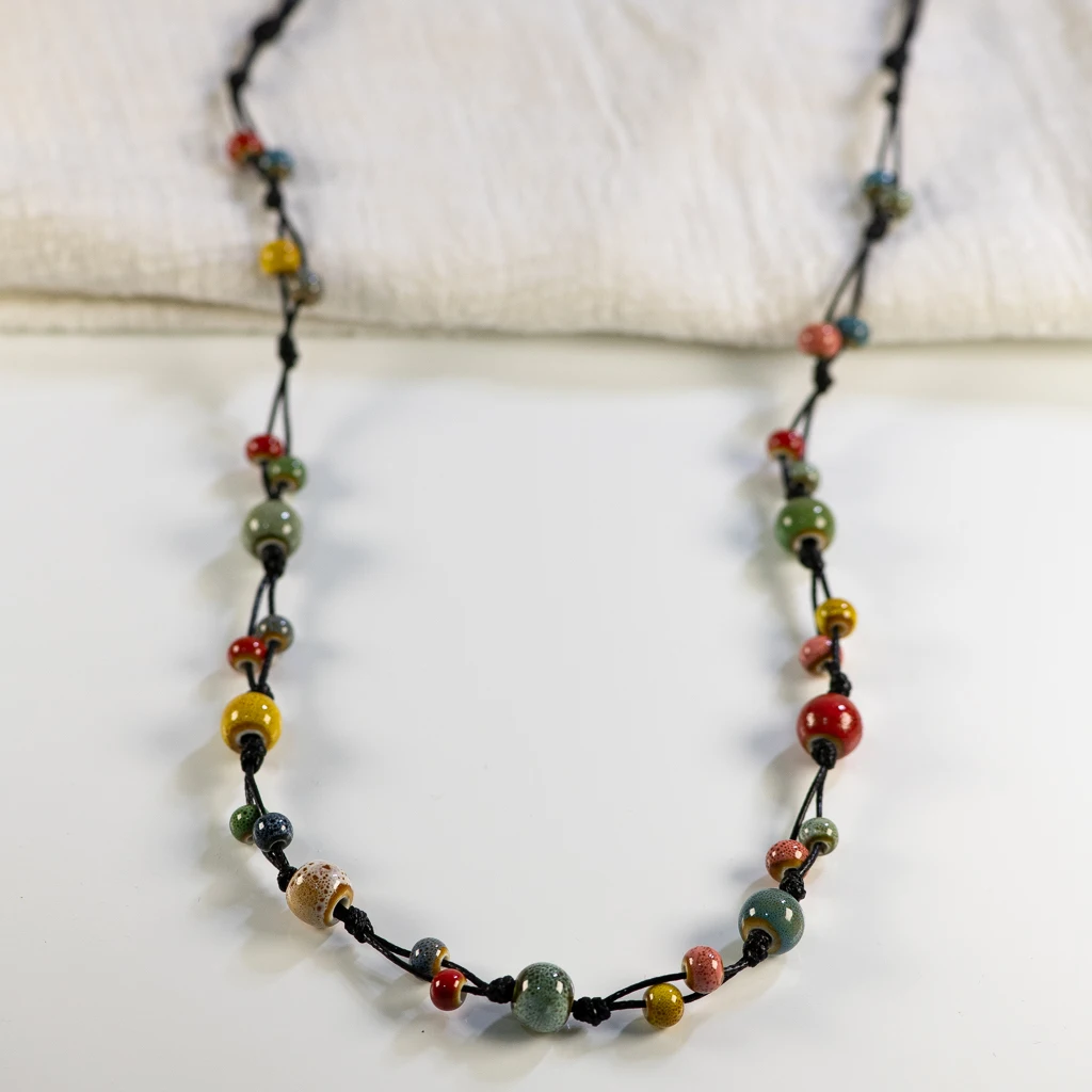 Handcrafted Bohemian Ceramic Necklace with Adjustable Wax Cord