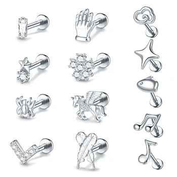 스파이더 깃털 립 먼로 스터드 Labret 피어싱 16G CZ 꽃 귀 연골 Tragus Daith Lobe 피어싱 귀걸이, 여성 남성용, 1 개