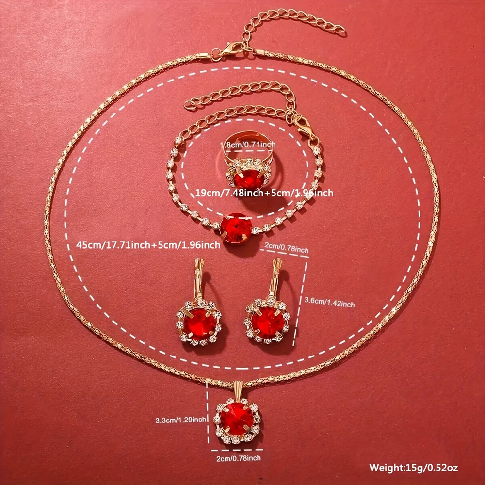 6PCS/Set Women's Red Alloy Watch Strap Fashionable Rhinestone Quartz Watch Necklace Earrings Jewelry Set 6