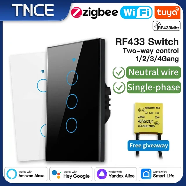 TNCE Tuya US สวิทช์ wifi zigbee, 1/2/3/4 gang, ไม่มี Neutral/สายไฟ LED light control ปุ่มผนัง, เสียงอัจฉริยะด้วย Alexa Google Home 1