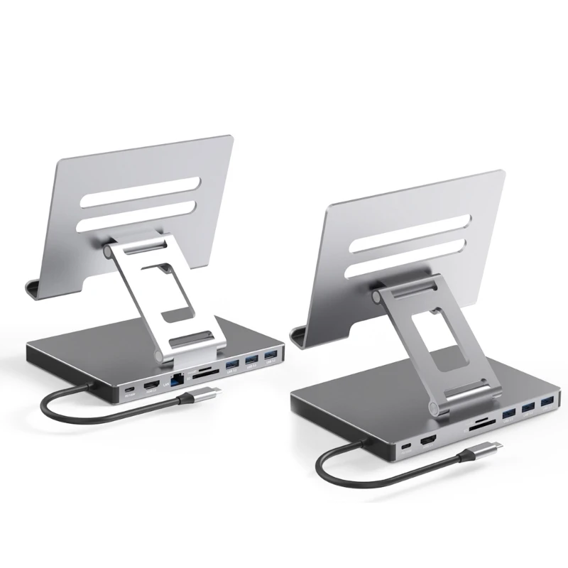 

Aluminum Type C Dock 9 in1 Hub 5Gbps Fast Data Transfer Laptop Stand Holder 2xHDMI4K Ethernet PD100W USB3.0 Card Reader C1FD