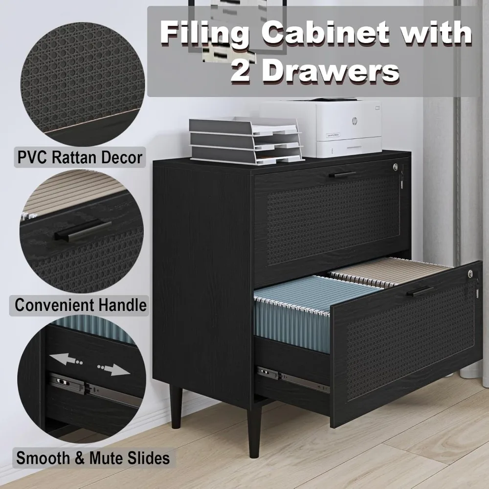 2 drawer file cabinet, lateral file cabinet with lock, rattan wood filing organization cabinet for home office, black