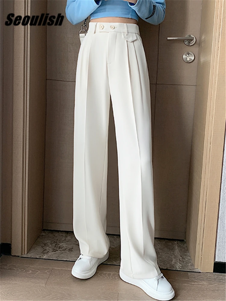 Seoulish 2022 New White Wide Leg Women's Pants Spring Summer High Waist Female Elegant Minimalism Office Work Loose Trousers baggy pants