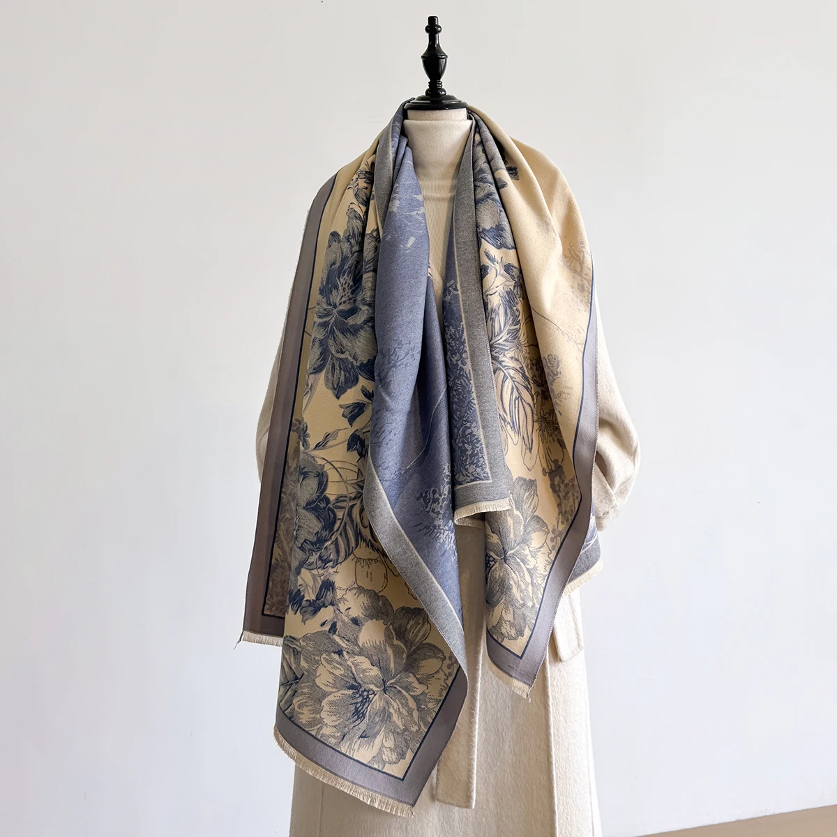 Brand Fashion Winter Cashmere Shawl for Women - Tasseled Flower Printed Pashmina Scarf, Thick Warm Wrap & Poncho