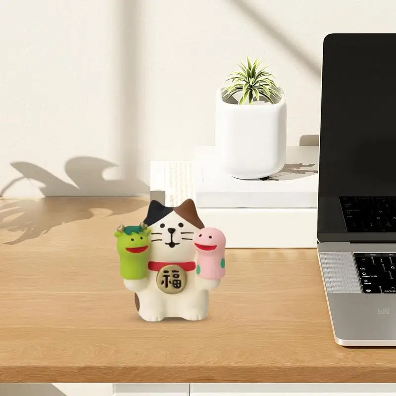 Snake Year Fortune Cat Ornament Small Resin Sculpture Chinese New Year Lucky Cat Crafts Spring Festival Home Garden Decoration