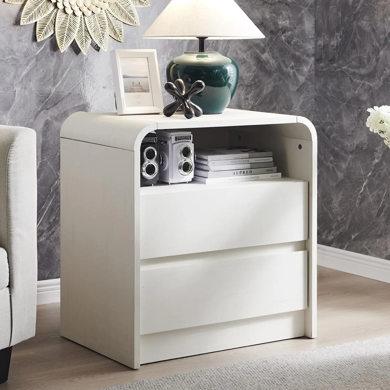 25" Tall Modern Nightstand with Charging Station, 23.6'' Wide Wood Bedside Table w/2 Storage Drawers,for Bedroom, Living Room 4