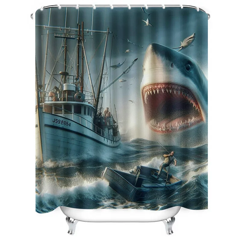 Modern Artistic Dramatic Shark Attack Waterproof Shower Curtain for Stylish Bathroom Decor, Easy Install 3