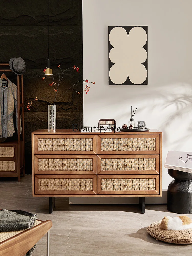 

Solid Wood Rattan Chest of Drawers Simple Dining Side Drawer Storage Cabinet Quiet Wind Hallway Cabinet