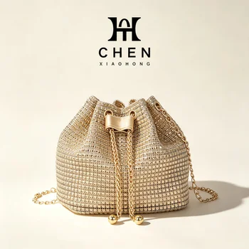 Sparkling Rhinestone Embellished Drawstring Crossbody Bag, Multi-Functional Bucket Purse, Formal Handbag for Women Daily Commute